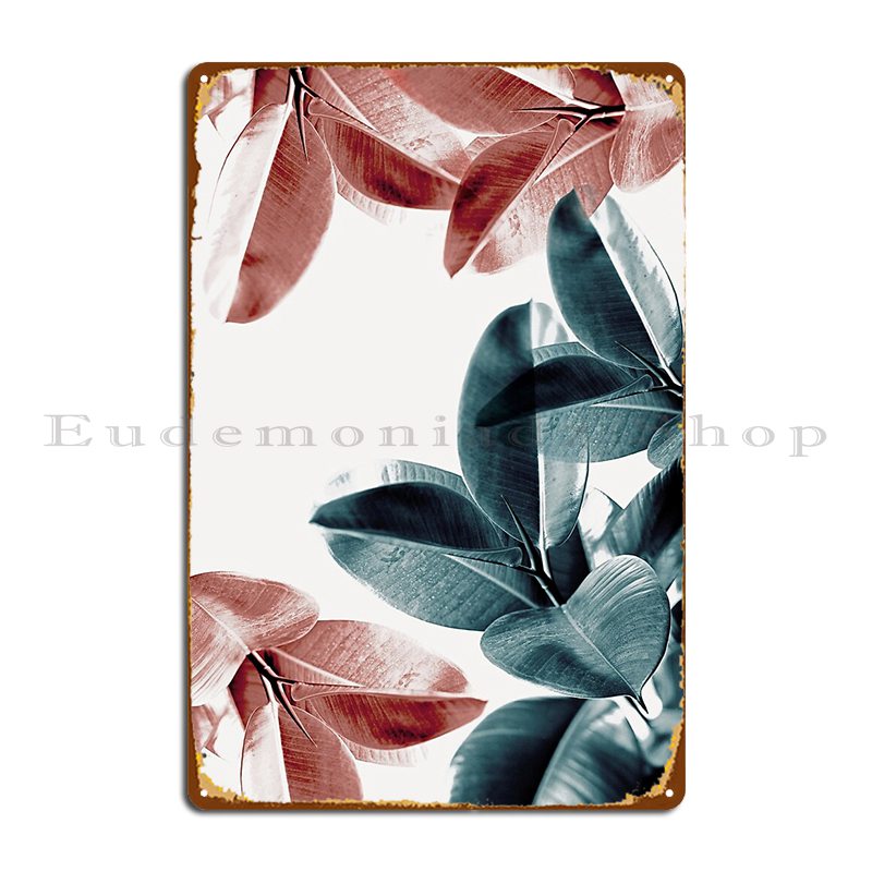 Rubber Plant Ficus - ยางพืชใบสีเขียวและสีชมพูใบ Tropical Ficus Art ป้ายโลหะ Vintage